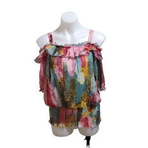 Madison Paige Abstract Print Colorful Cold Shoulder Tank L